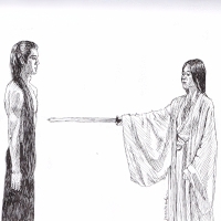 woman pointing a sword at a man